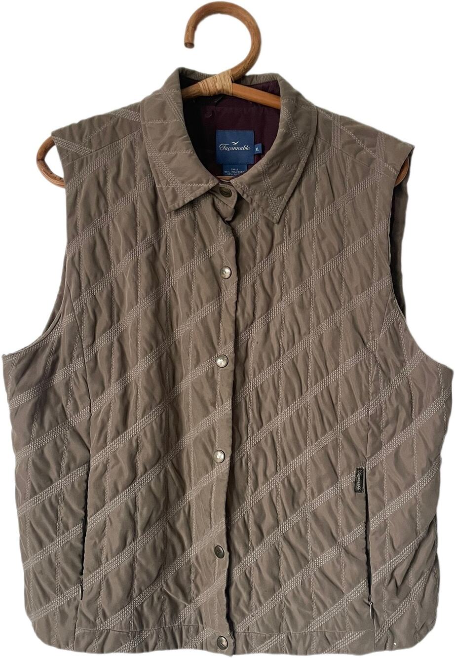 Vintage Façonnable Quilted Diagonal Stripe Gillet Vest Taupe XL France $225